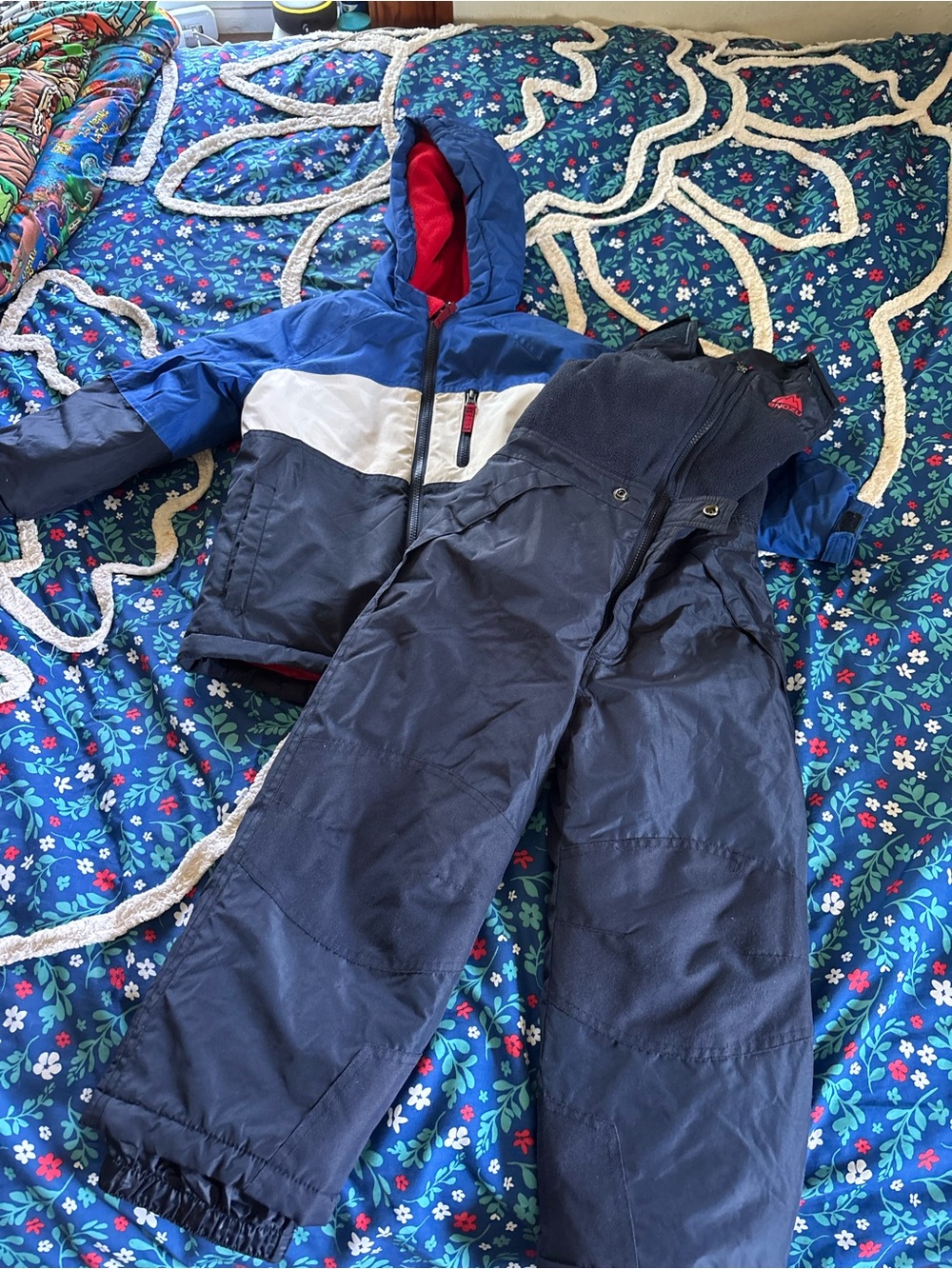 Snozu Blue and White Kids Snow Jacket with Navy Bib Overalls